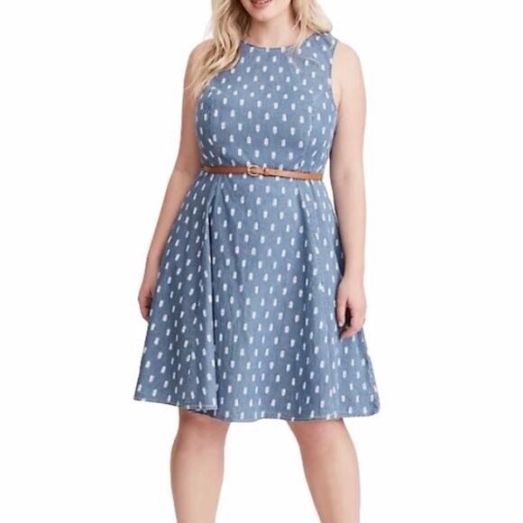 Torrid Denim Chambray Leaf Print Sleeveless Skater Dress Sz.26W - Picture 1 of 13